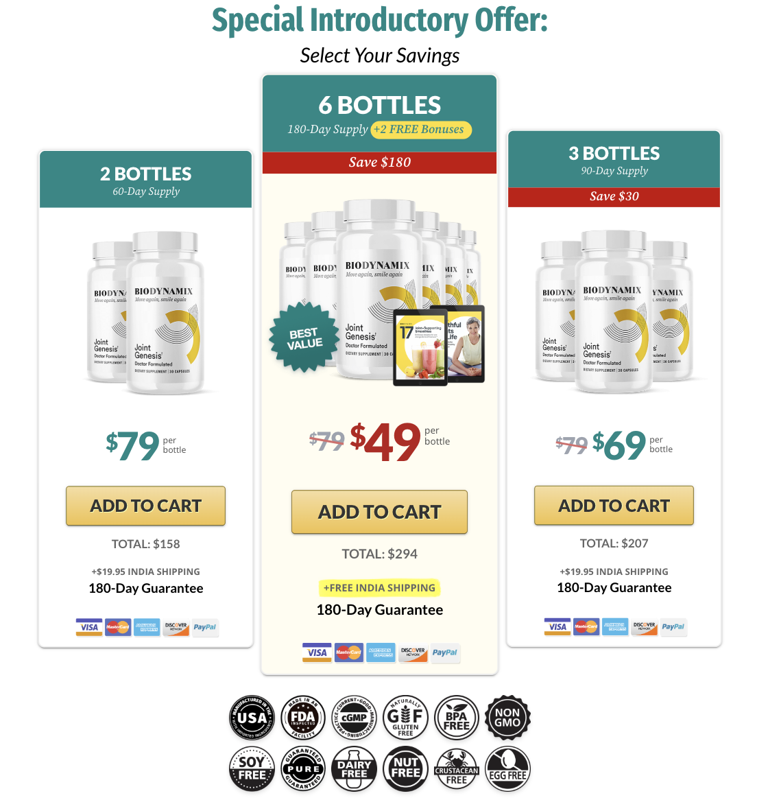 Joint Genesis approved current offer with package prices, India shipping and 180-day guarantee